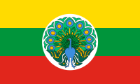 white-green-red, white circle, peacock