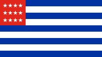 9 blue-white stripes, red canton, 12 white stars