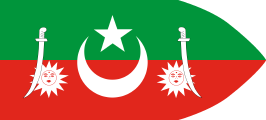 green-red striped pennant, white crescent and star, white swords