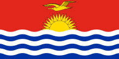 red, yellow sun rising from 6 white-blue wavy stripes, yellow frigatebird
