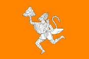 red, white image of Hanuman