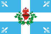 blue, white cross, four white fleurs-de-lis, sacred heart