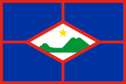blue, thin red outline and cross, white diamond, green island and yellow star