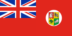 red British ensign, white disc, coat of arms