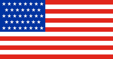 13 red-white stripes, blue canton, 38 white stars
